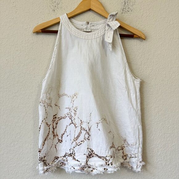 MARC CAIN Top White Animal Print Sleeveless Fringed Cotton Blend - Picture 1 of 12